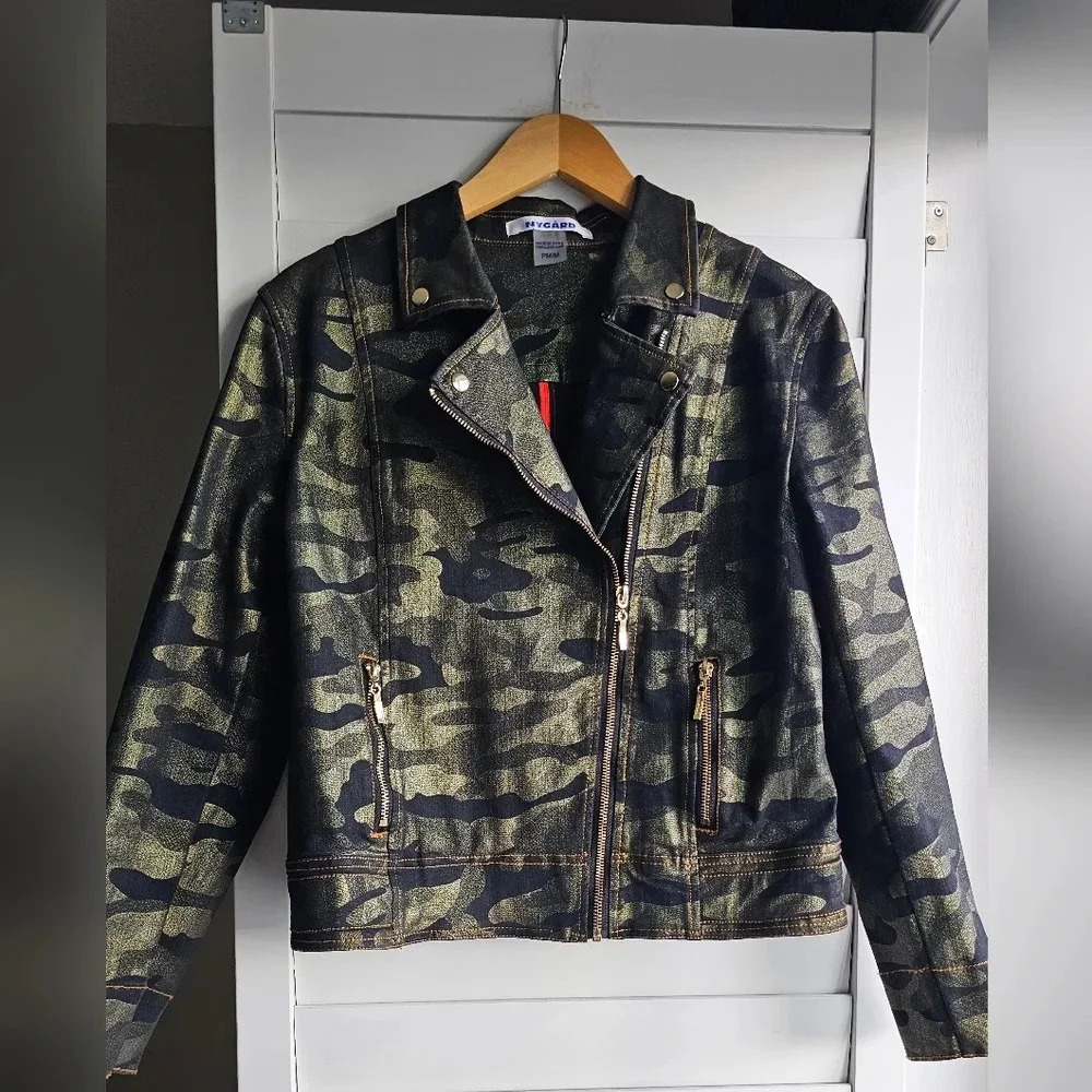 Peter Nygard Coated Denim Camo Golden Khaki  Moto Bike Jacket Size M